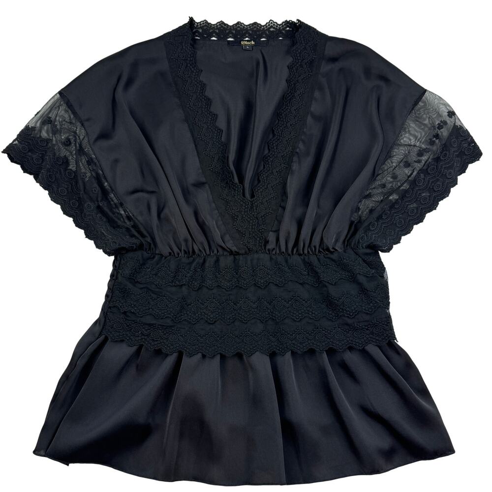Black Boho Victorian Feminine Romantic Lace Crochet Frilly Blouse Women's Size L